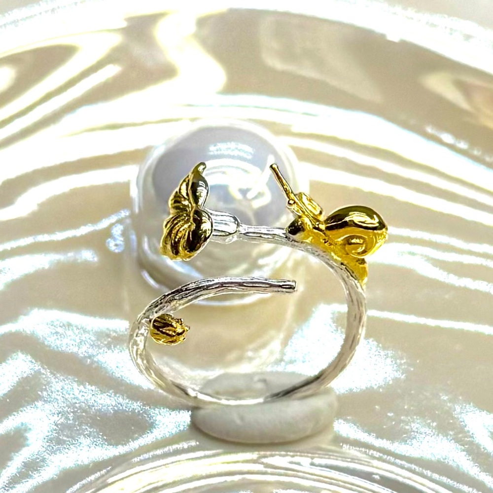 RTT2  Handmade Two Tone 3D Flower & Snail Ring 18K Yellow & White Gold S925